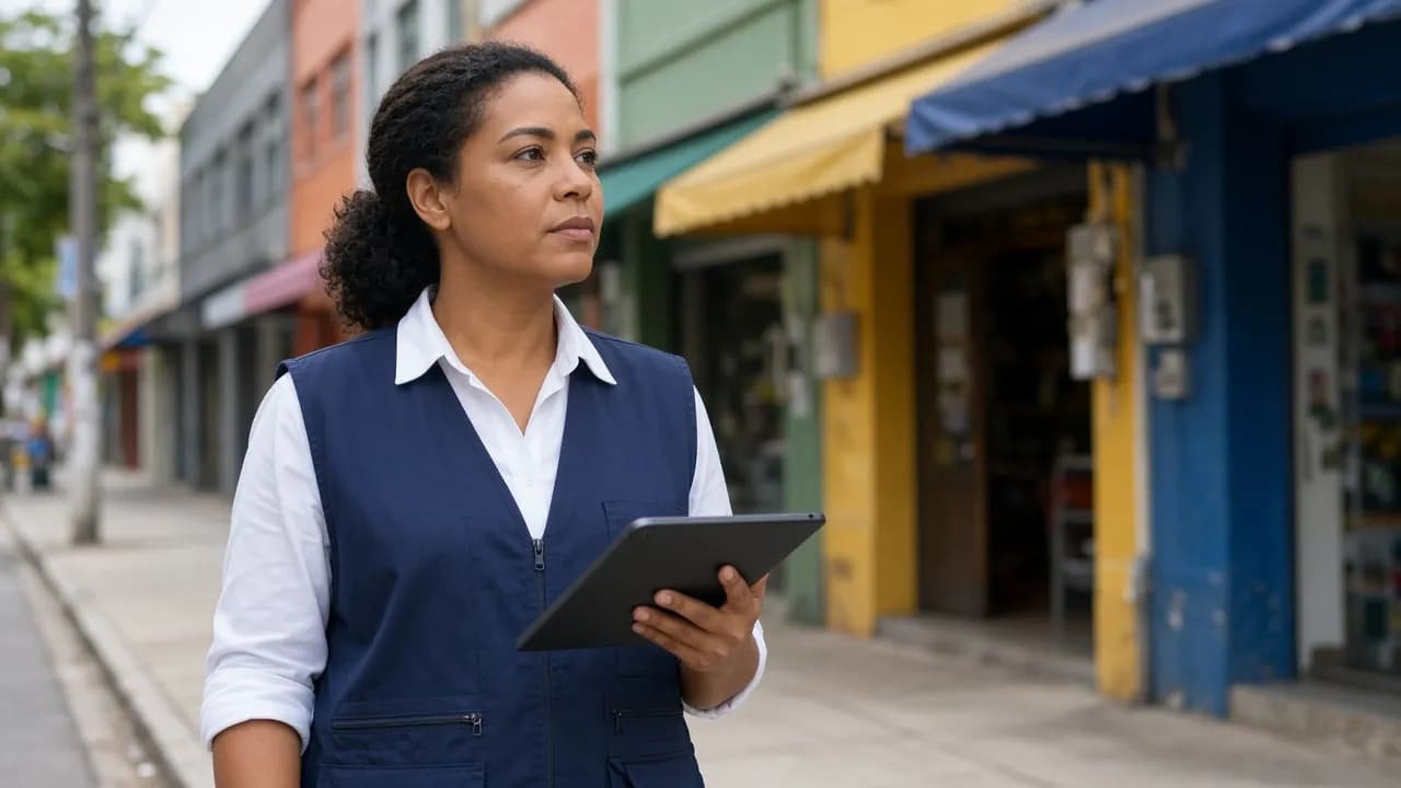 Mulher de colete conferindo a fachada de comércios, com um tablet na mão.