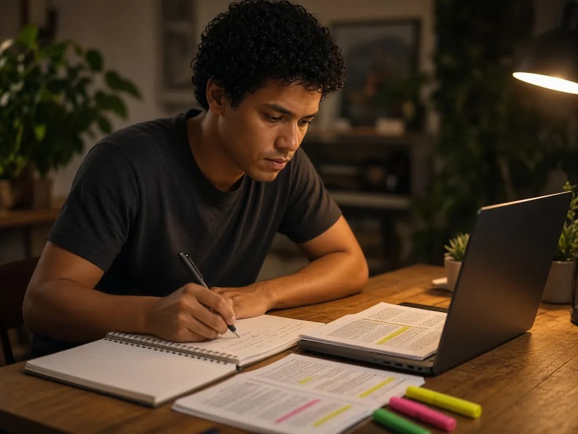 Homem estudando à mesa, com caderno, apostilas e notebook.