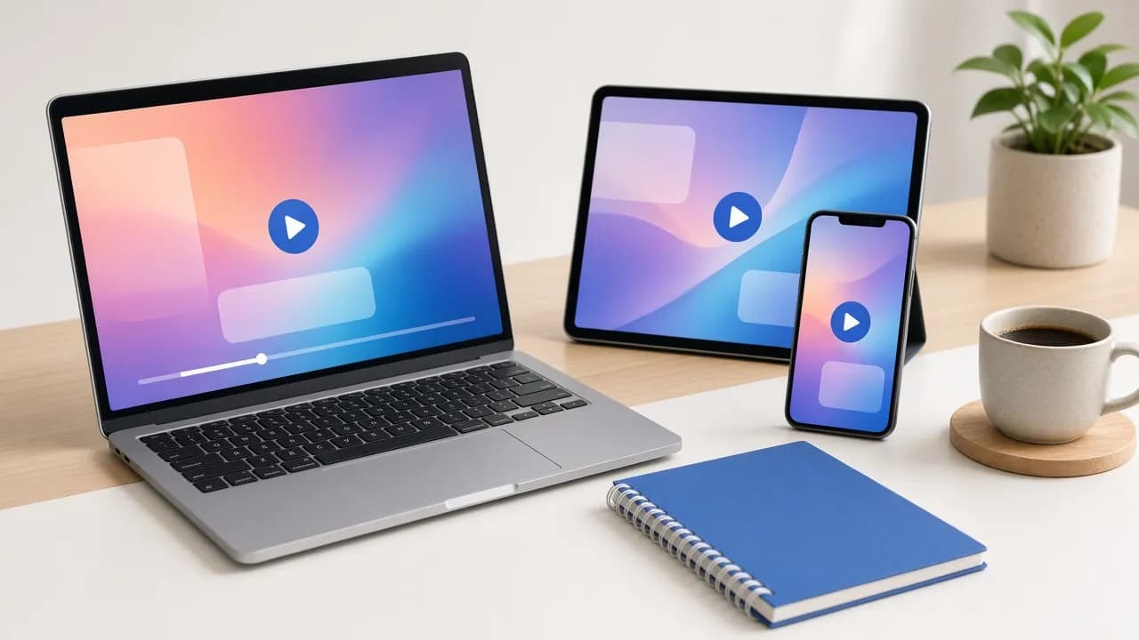 Notebook, tablet e celular sobre uma mesa, com uma interface de videoaula sem texto.
